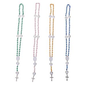 Party Favor 4 Farben Sublimation Halskette Wärmeübertragung Anhänger Rosenkranz Perlenkette Kreuz Jesus Metall Anhänger SN4285