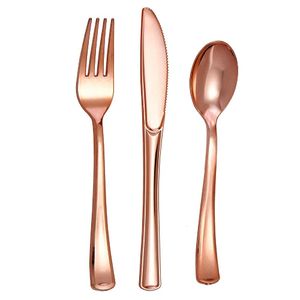 Wykonalne zastawie stołowe 75pcs Rose Gold Plastic Silverware- sztućce za ciężko-ciężkie sztućce- zawiera 25 widelców 25 łyżek 25 noży 230131