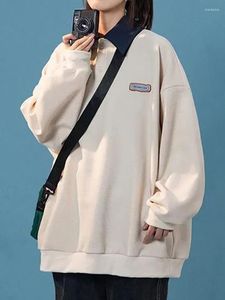 Moletons femininos moda moda de tamanho grande mulheres pullovers pólo de estilo formato de retalhos femininos soltos de manga longa ladras sólidas básicas básicas