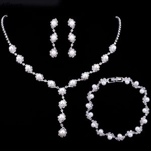 Fashion Pearls Crystal Bridal Jewelry Sets For Wedding Sparkly Rhinestones Banquet Zircon Necklace Dangle Earring Bracelet Sets Bride To Be Accessories CL1762