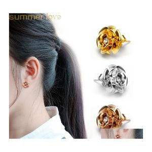 Stud Stainless Steel Rose Flower Earrings Romantic Gold Plated Crystal Hypoallergenic Design Jewelry Drop Delivery Otxf4