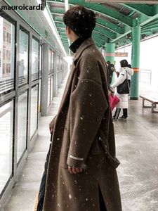 Herr ull blandar Mauroicardi Autumn Winter Long Khaki Black Soft Warm Trench Coat Män med sidoslits Sashes Lose Casual Korean Fashion 230201