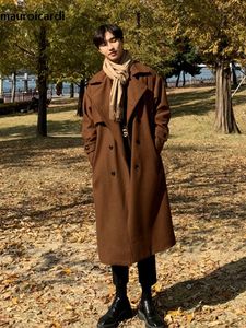 Men's Wool Blends Mauroicardi Autumn Long Loose Casual Caramel Black Soft Warm Woolen Trench Coat Men Sashes Double Breasted Korean Fashion 230201