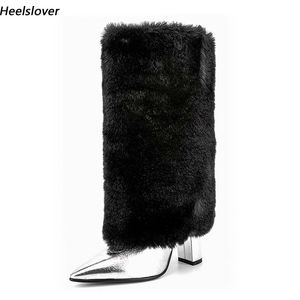 Heelslover New Women Winter Luxury Mid Calf Boots Chunky High Heels pekade Toe Elegant Black Party Shoes Ladies US Storlek 5-13
