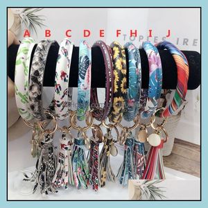 Party Favor Women Pu Leather Wrap Tassels Bracelets Key Ring Floral Leopard Print Keychain Wristband Sunflower Drip Oil Bangle Brace Otd6I