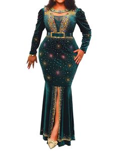 Plus size Dresses Gold Velvet Embroidered Diamond Abaya Luxury Evening Dresses Elegant Mesh Patchwork Split Mermaid Robe National Clothing 230201