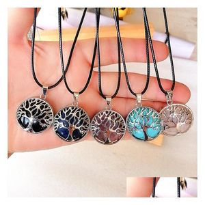 Pendant Necklaces Tree Of Life Reiki Healing Natural Stone Necklace Chakra Amethyst Pink Rose Crystal Rope Chain Women Jewel Dhgarden Dheh7