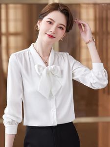 Kvinnors blusar långärmad bågskjorta koreansk elegant temperament mode fast färgkontor grundläggande arbetskläder hösten 2023