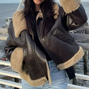 Womens Leather Faux Pu Jacket Coat Winter Thick Warm Vintage Cropper Ladies Streetwear Outwear Moto Biker 230131