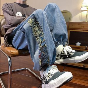 Herr jeans 2023 lapptäcke tvättade mäns dragkammare baggy modemärke denim byxor hip hop streetwear harajuku manliga byxor