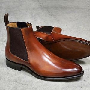 Boots Brown Chelsea for Men Black Business Handmade Men's Short Round Toe Slip-On Ankle 230201