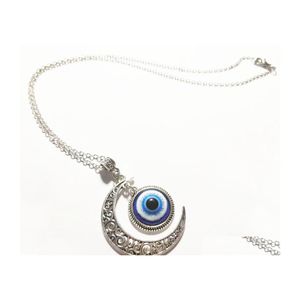 Pendant Necklaces Turkish Symbol Evil Blue Eyes Hollow Out Moon Necklace Women Men Nazar Turkey Arabic Islamic Lucky Charm Gift Drop Dhxrk