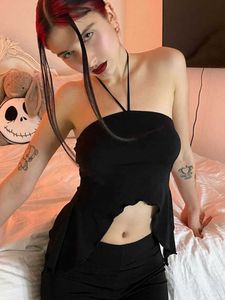 Damen Tanks Camis Sexy Crop Tops Schwarze Tanks Trägerlose Weste Unregelmäßige Sommer 2022 Y2K Top Frauen Club Outfits Neckholder Cami Top Rückenfrei Schulterfrei Y2302