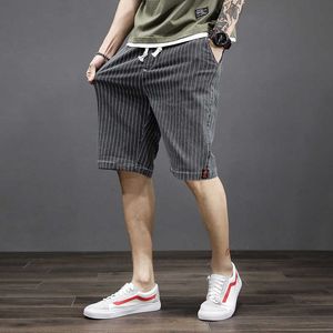 メンズショーツサマーズストレッチファッションブルーメンズカジュアルショーツパンツビッグサイズの衣服男性デニムショートドローストリングプラスショートジーンズストライプG230131