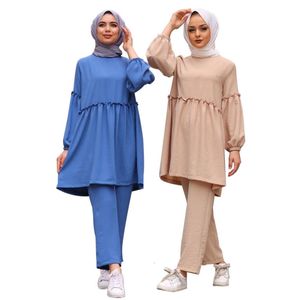 Etnik Giyim Kadın Müslüman İki Parçalı Set Soild İslami Gevşek Uyum Pantolonlu Orta Uzun Üstler Ramazan Abaya Takım Giysileri 230131
