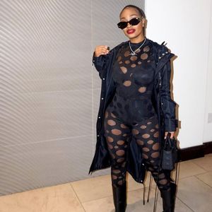 Mesh Patchwork See Through Two Piece Women Sexy O-neck Long Sleeve Skinny Tops Solid Sheath Pants Lady Midnight Suit