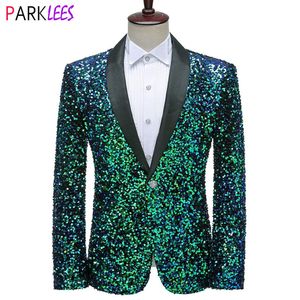 Mens Suits Blazers glänsande gröna paljetter bling glitter män sjal krage en knapp tuxedo bröllop fest scen kostymer 230131