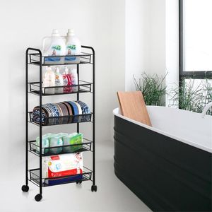Hooks 5-Tier Mesh Wire Rolling Cart Storage Multi-Purpose Trolley Organizer For Kitchen Pantry Bedroom Bathroom Living Room & Rails