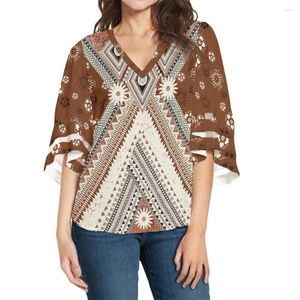 Women's Blouses 2023 Elegant Woman's Blouse Chiffon V-Neck Half Sleeve Design Women's Casual Lady's Top Polynesian Tribal Fiji