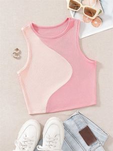 Kvinnors tankar camis kvinnor ribbed stickad rosa tank top o-hals ärmlös söt baby tee y2k kläder sommar lapptäcke färgblock skörd topp t-shirt y2302