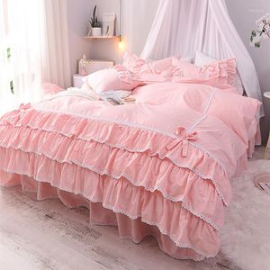 Bettwäsche -Sets koreanische Baumwollpastoral rosa Luxus König Queen Size Duvetcover Set Bettwäsche Rüschen Bettskirt Prinzessin Hochzeitsbettset