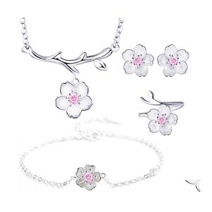 ￖrh￤ngen halsband br￶llop brud smycken set sier pl￤terad lila rosa kristall k￶rsb￤rsblommor blomma halsband ringar f￶r kvinnor dro otbpc