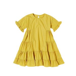 Kızın çocukları sevimli 2022 kızlar bahar yaz% 100 pamuk fırfırlar genç elbise çocuklar bebek kıyafetleri sarı dantel #6294 0131
