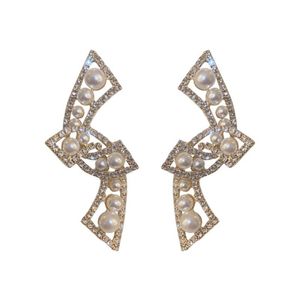 Stud Earrings Fashion Metal Cross Mosaic Pearl Crystal For Women Elegant Rhinestone Wedding Party JewelryStud