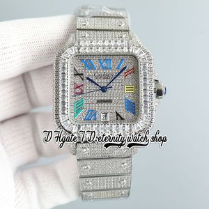 SF Tw0009 Diamantes pavidos M8215 Mens automáticos relógios gelados de grandes diamantes moldura de arco -íris marcadores romanos Bracelete de aço de diamante Super edição Eternity Jewelry Watches