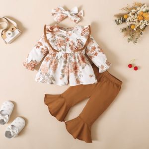 Kleidungssets Säugling Kleinkind Baby Kind Mädchen Kleidung Set Rüschen Blumendruck Tops Solide Farbige Schlaghosen Outfits geboren Kleidung 230201