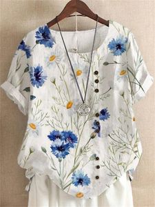 Kvinnors blusar sommar daisy tryckt blommor skjorta kvinnor avslappnad o-hals kort ärmknapp vit pullover topp damer elegant gata blus 2xl