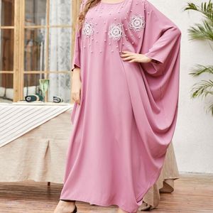 Etniska kläder rosa pärlpärlpärlor broderi klä klänningar kvinnor ramadan eid 2023 elegantd batwing hylsa muslimska arabiska oman robe rv329