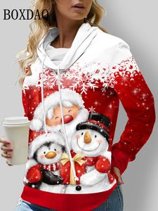 Jackets femininos Red Christmas Snowman Sweatshirt For Women Winter Manga longa Moda fofa Capuz casual Pullovers soltos Papai Noel 230131