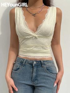 Women's Tanks Camis HEYounGIRL Sexy V Neck Lacework Camis Tee Sleeveless Cute Bow Casual Summer Tank Tops Female Elegant Crop Vest Streetwear 2022 Y2302