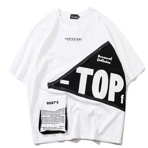 メンズTシャツ夏のTシャツヒップホップストリートウェアジッパーデザインポケットパッチワークTシャツハラジュク半袖トップスティールースコットンY2302