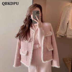 Womens Jackets Korean Pink Spliced Fur Plaid Tweed Jacket Women Elegant Luxury Deisgn Round Neck Short Coat Vintage Long Sleeve Chaqueta Mujer 230131