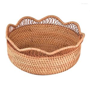 Plates Round Rattan Storage Basket Fruit Bread Hand-Woven Tea Dessert Serving Plate Kitchen Household Desktop Tray