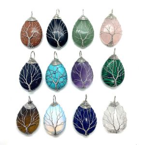Charms Tree Wire Wrap Natural Crystal Stones Waterdrop Tiger Eye Black Onyx Rose Quartz Stone Charm Beads Pendants For Jewel Dhgarden Dhrkg