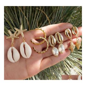 Stud Bohemian Fashion Jewelry Kolczyki Zestaw Naturalny skorupa nieregularna Perła Conch Starfish 4Pairs/Set Drop dostawa Dhyzx