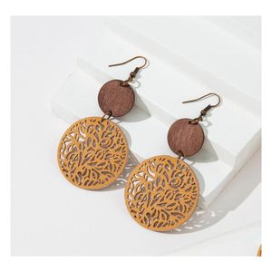 Dangle Chandelier Fashion Jewelry Earrings For Women Vintage Pu Leather Hollowed Out Carved Flower Round Wood Drop Delivery Dh319
