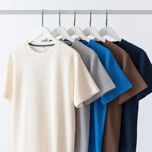 Herr t-shirts 260g tungvikt våffla stickad retro t-shirt män japan stil fast färg enkel avslappnad mångsidig premium kort ärm tees man y2302