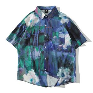 Men's Casual Shirts Summer Oil Painting Shirt Men Women Turn-down Collar Short Sleeve Male Loose Plus Size Blouse Tops