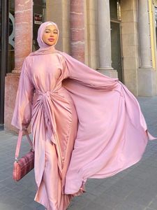 Etniska kläder 2 -stycken Matchande muslimska uppsättningar Hijab klänning Eid Satin Abayas för kvinnor Dubai Open Abaya Turkiet Inre klänningar Afrikanska islamkläder 230131