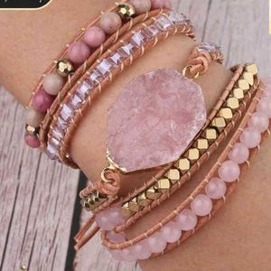 Natural Stone Armband Pink Quartz Leather Wrap Armband för kvinnor Rose ädelstenar Crystal Pärlor Böhmen smycken 5 Strand2949