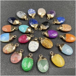 Charms Gold Plating Oval Shape Natural Stone Agate Crystal Turkoises Jades Opal Stones Pendant For Jewelry Making Earrings Dhgarden Dhswa