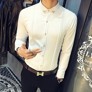 Men's Casual Shirts Pleated Solid Color Slim Fit Tuxedo Male Long Sleeve England Style Social Prom Dress Blouses 230201