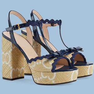 Platforma Chunky Heel Sandals Fashion Lafite trawa patent skórzana patchworka