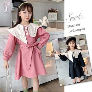 Girl's Cute Kids Girls Asymmetrical Peter pan collar Cotton A-Line princess Dresses with Belt Autumn Girl children clothes