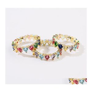 Bandringen mode Rainbow Heart Baguette eeuwigheid Trendy verloving Wedding Stack Ring voor vrouwen Lovely Crystal Jewelry Gift Drop de Othyx