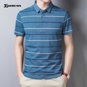 남자 티셔츠 Liseaven 브랜드 T 셔츠 남자 짧은 티셔츠 턴 다운 스트라이프 디자이너 티셔츠 슬림 한 느슨한 캐주얼면 버튼 T 셔츠 Y2302